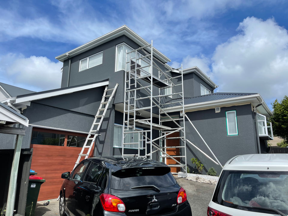 House exterior repaint in progress with ladder and scaffolding